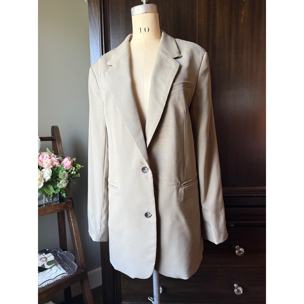 Babaton Aritzia Blazer Jacket Wool Khaki Beige Tan Size L Longline Single Breast